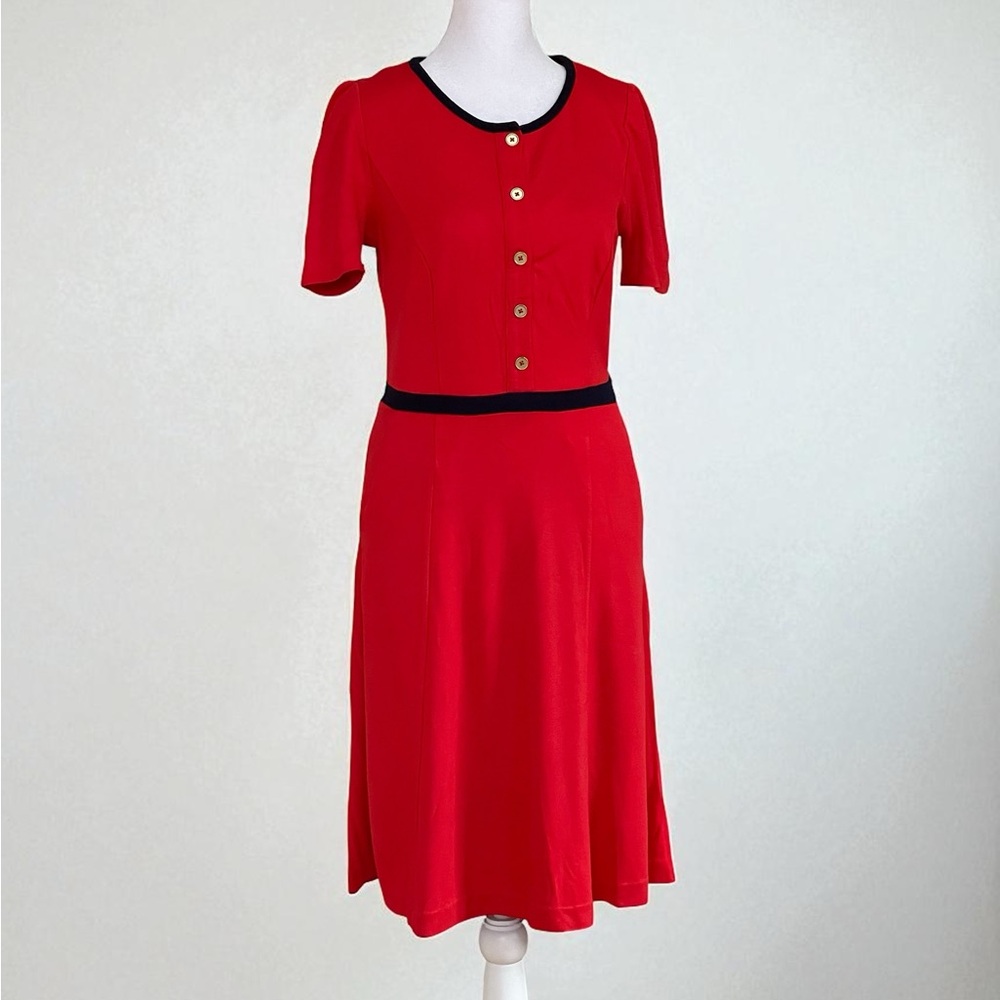 Boden Maria Ponte Red Dress Size 4R Knee Length Knit Black Trim
